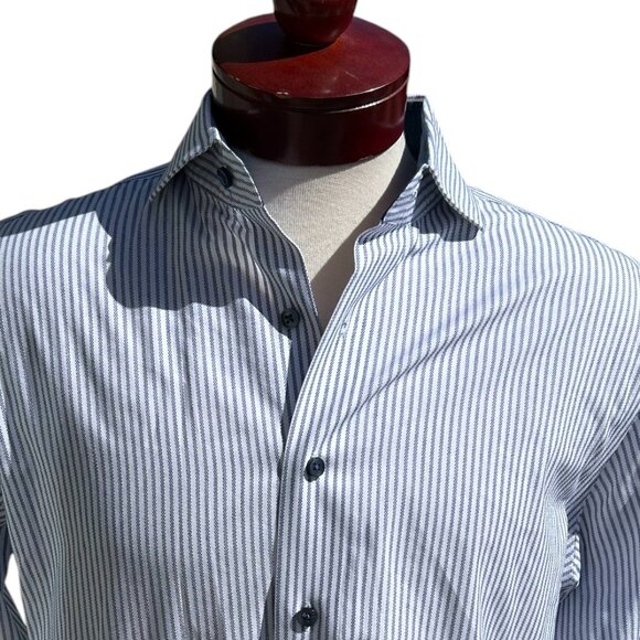LORENZO UOMO Men's Trim Fit Button Up Shirt Blue White Stripe - 16 (34-35) - Picture 1 of 6